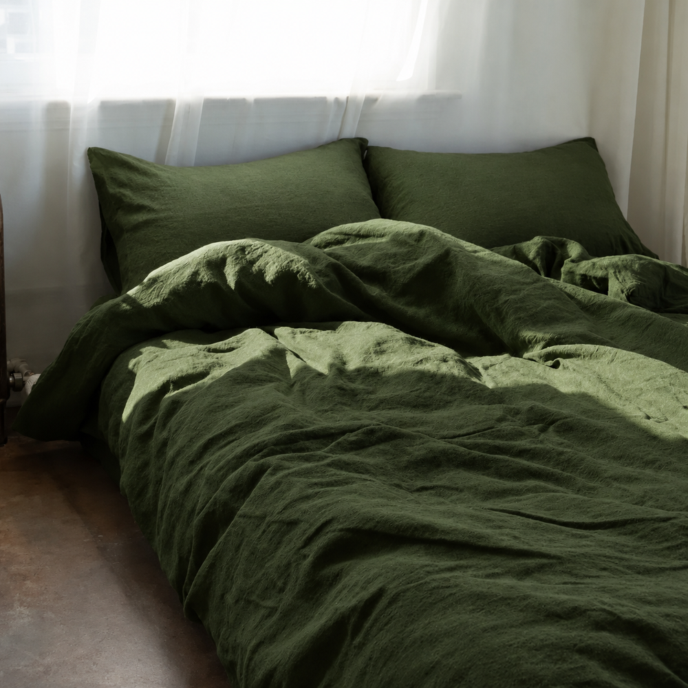 Clara - French Linen Bedding Set in Pine Green