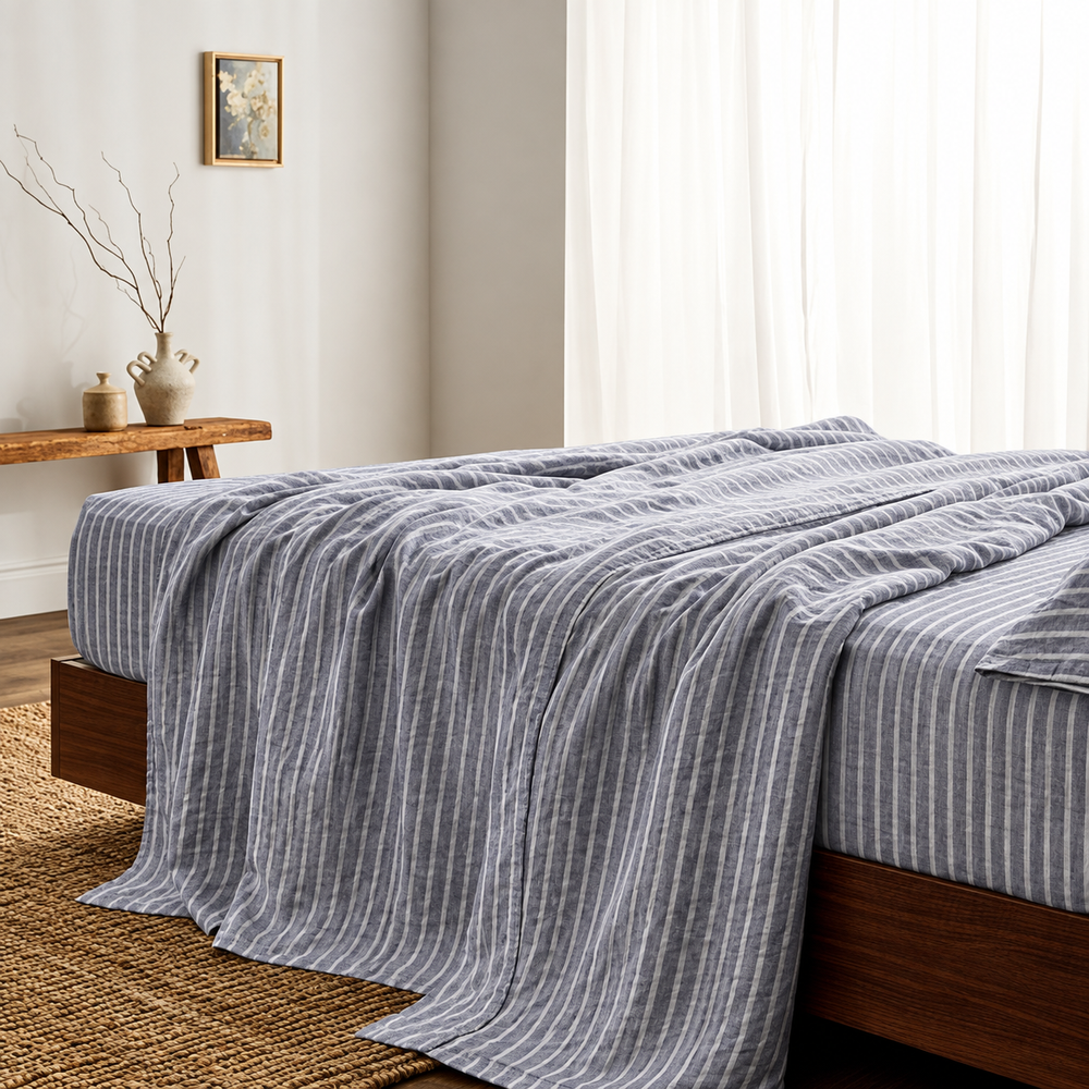 Clara - French LinenBedding Set in Midnight stripe