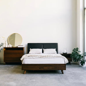 Mim Concept  best Modern furniture stores in Toronto, Ottawa and Mississauga to sell modern contemporary bedroom furniture and condo furniture. Italian leather headboard bed Low profile platform storage bed solid walnut wood