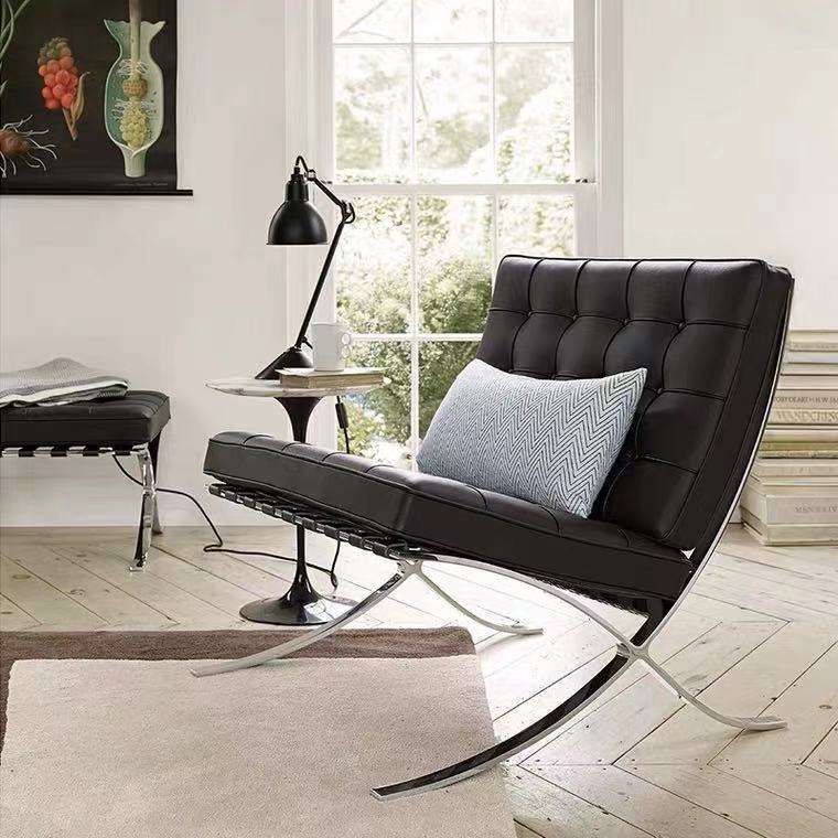 Mies - Barcelona-Style Leather Lounge Chair with Ottoman