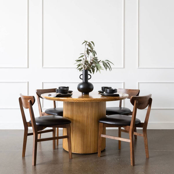 pine wood minimalist mid century modern round dining table with walnut chairs