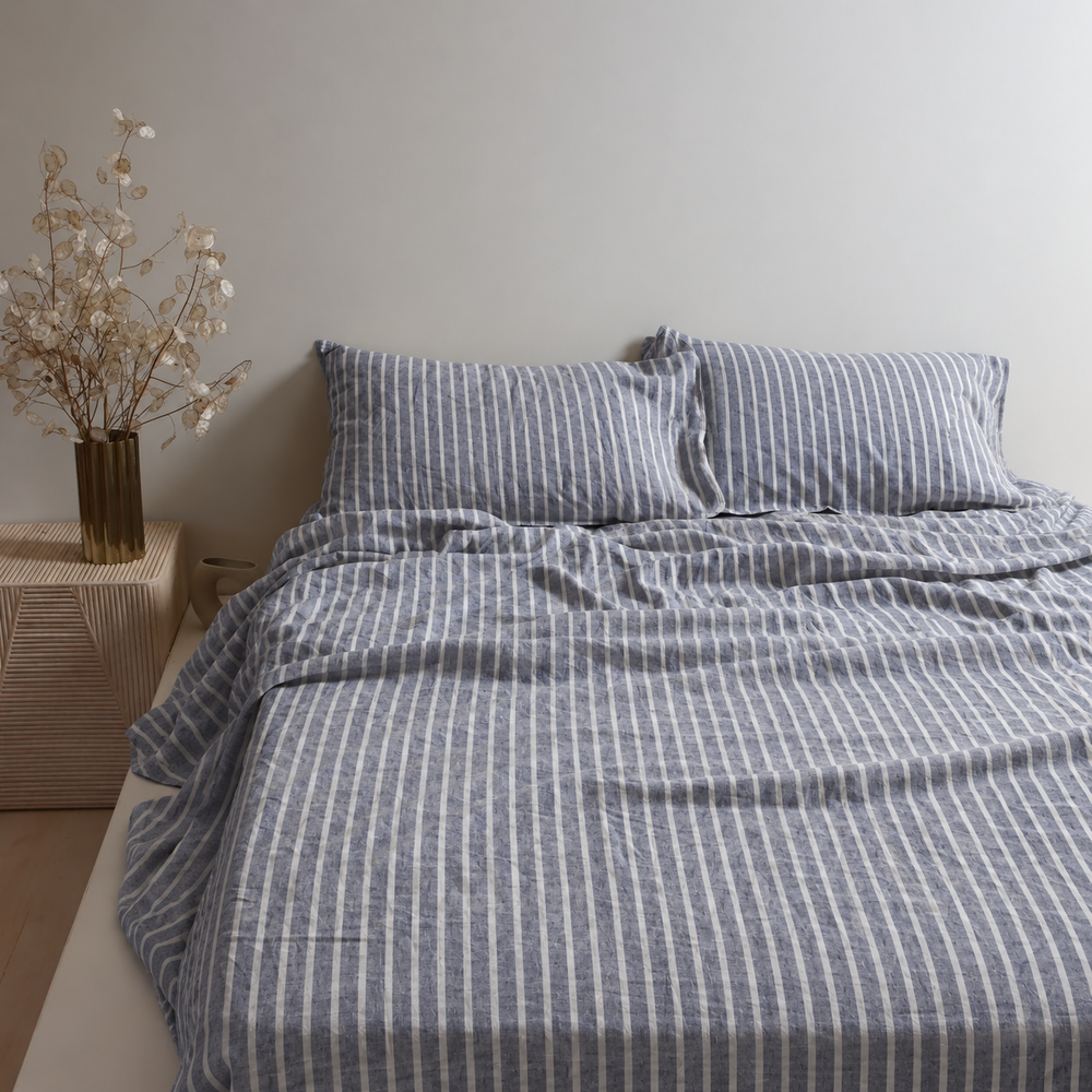 Clara - French LinenBedding Set in Midnight stripe